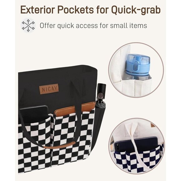 Women Black Lattice Premium Large Utility Canvas Tote Bags with Pockets Zip Top - Picture 3 of 6